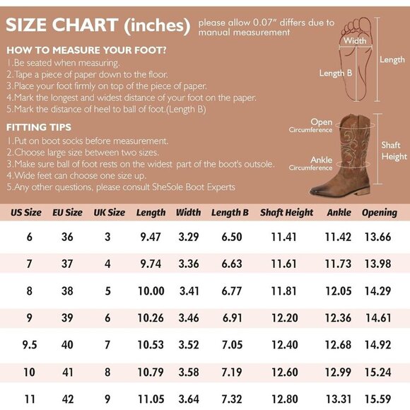 SheSole Western Boots Women Brown Cowboy Leauther Square Toe Wide Mid Calf - Picture 7 of 10